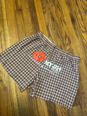 Fruit of the Loom Plaid Women’s Shorts with Red Lip Graphic